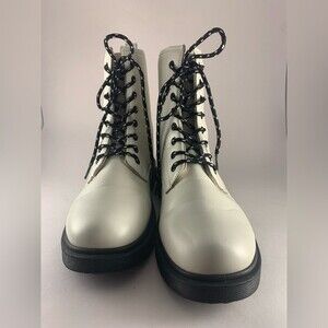 Charles Albert Combat boots creamy white vegan leather black laces, size 10